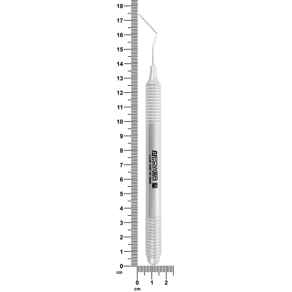 Goldman-Fox periodontal probe with 6EZ handle shown beside ruler, 15.4 cm overall length