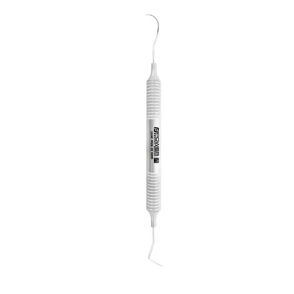 Vertical view of Nabers 2N double-ended furcation probe with unmarked non-color-coded working ends and 6EZ handle, SKU 1124E