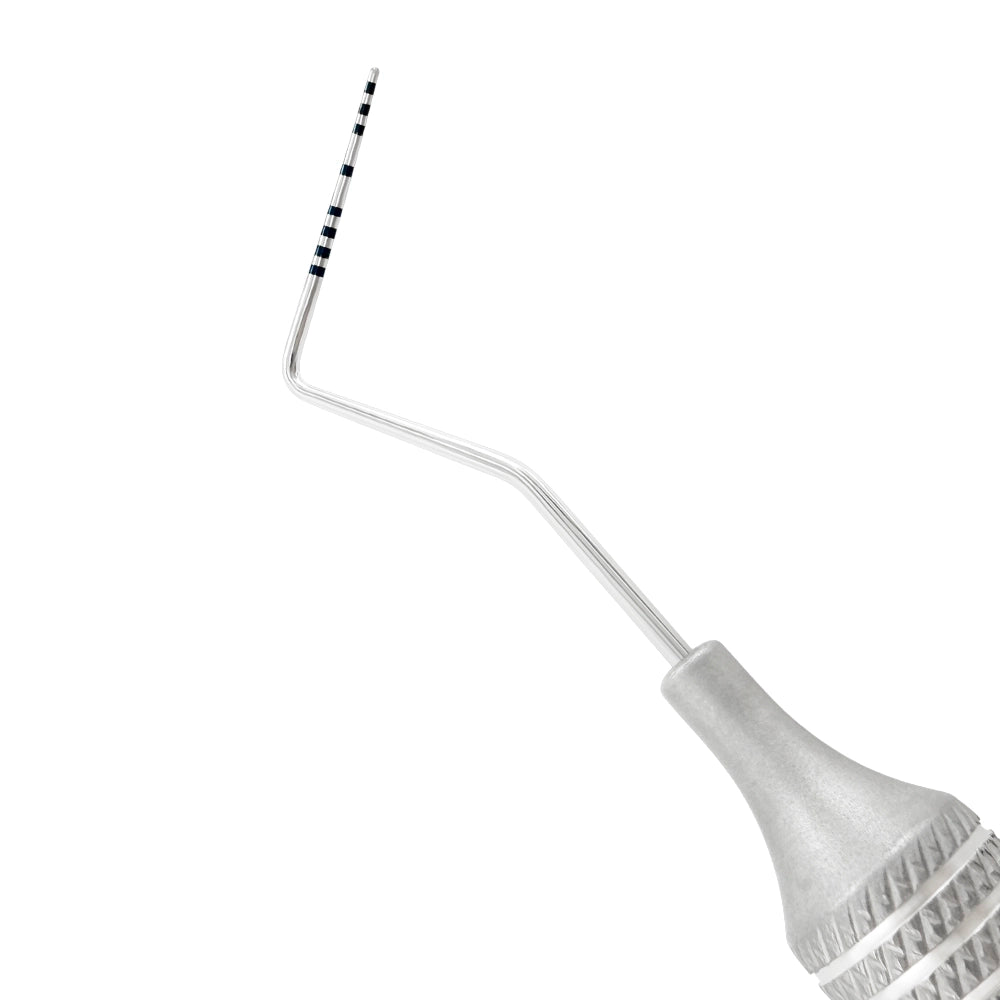 Close-up of the opposite working end on the #23/Williams explorer and periodontal probe combination instrument