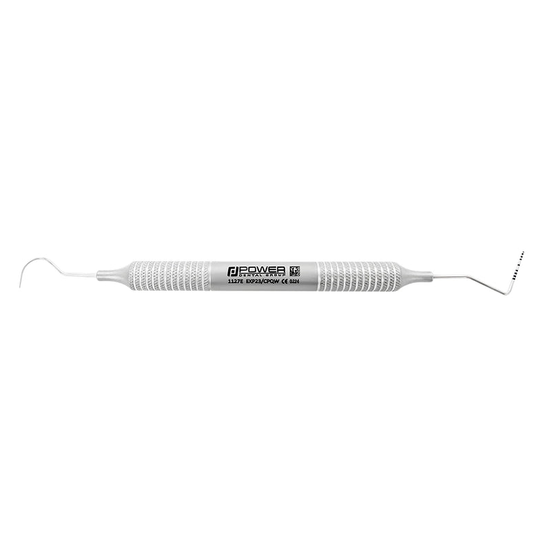 Horizontal view of #23/Williams double-ended explorer and periodontal probe with color-coded Williams markings and 6EZ handle