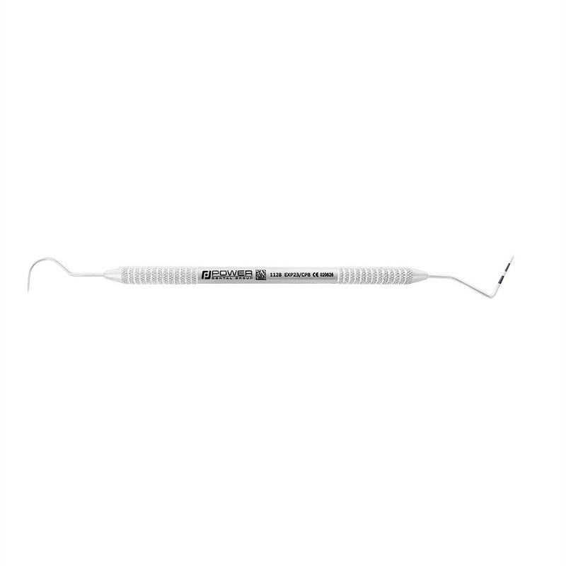 Horizontal view of #23/CP-8 double-ended explorer and periodontal probe with 3-6-8-11 mm markings and 3EZ handle