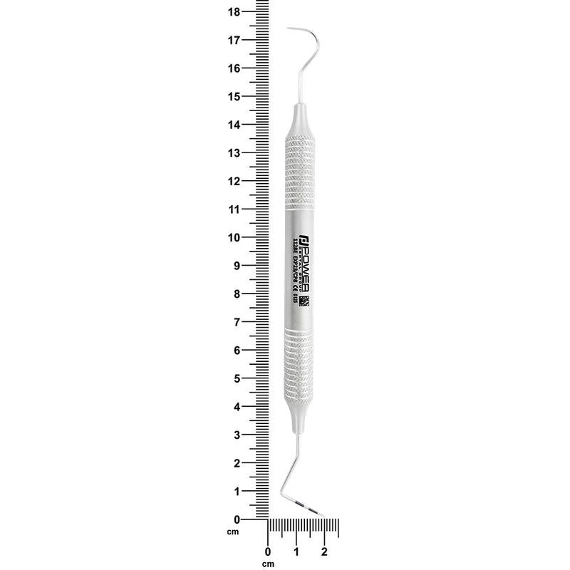 #23/CP-8 explorer and periodontal probe with 6EZ handle shown beside ruler, 16.2 cm overall length
