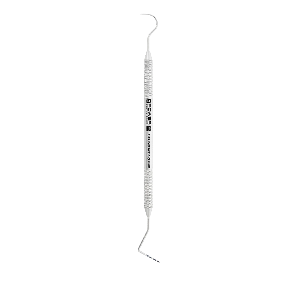Vertical view of #23/CP-10 double-ended explorer and periodontal probe with 1-2-3-5-7-8-9-10 mm markings and 3EZ handle, SKU 1129