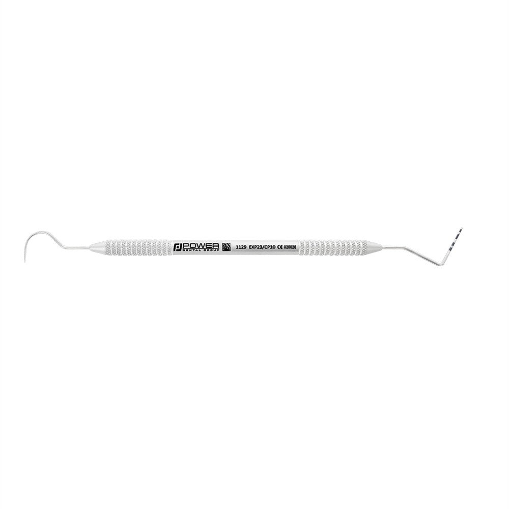Horizontal view of #23/CP-10 double-ended explorer and periodontal probe with 1-2-3-5-7-8-9-10 mm markings and 3EZ handle