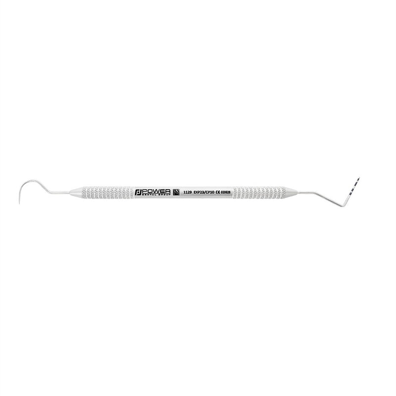 Horizontal view of #23/CP-10 double-ended explorer and periodontal probe with 1-2-3-5-7-8-9-10 mm markings and 3EZ handle