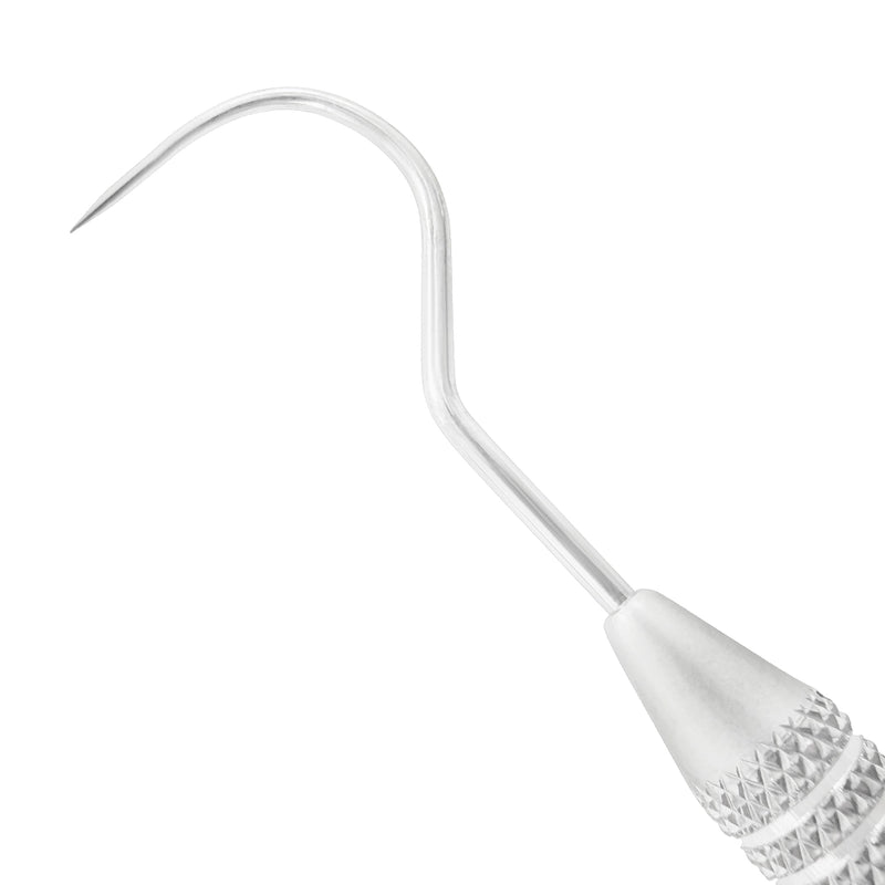 Macro 1 close-up of the left tip on the #23/CP-10 double-ended explorer and periodontal probe, SKU 1129