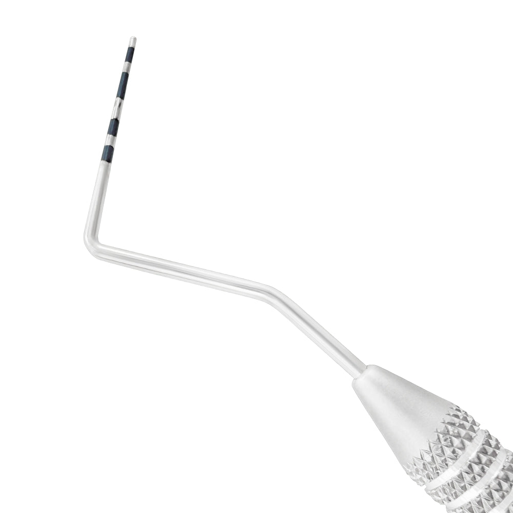 Macro 2 close-up of the right tip on the #23/CP-10 double-ended explorer and periodontal probe, SKU 1129