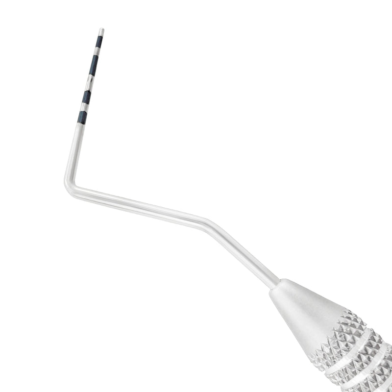 Macro 2 close-up of the right tip on the #23/CP-10 double-ended explorer and periodontal probe, SKU 1129