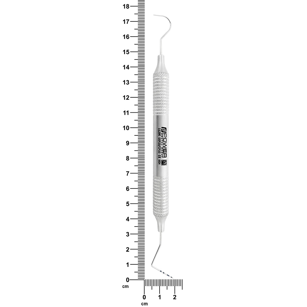 #23/CP-10 explorer and periodontal probe with 6EZ handle shown beside ruler, 16.1 cm overall length
