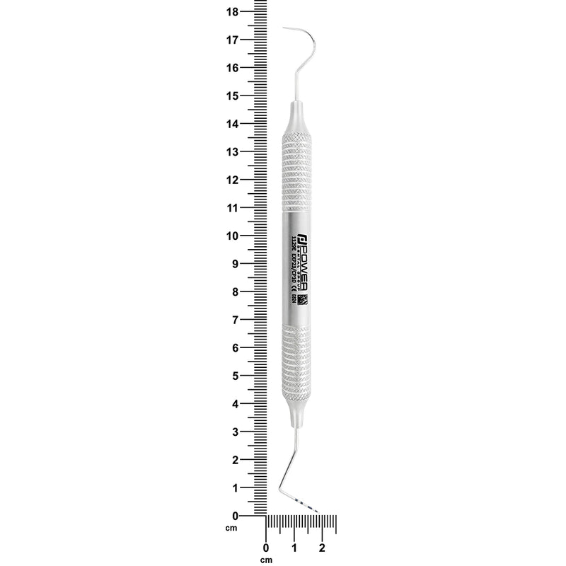 #23/CP-10 explorer and periodontal probe with 6EZ handle shown beside ruler, 16.1 cm overall length