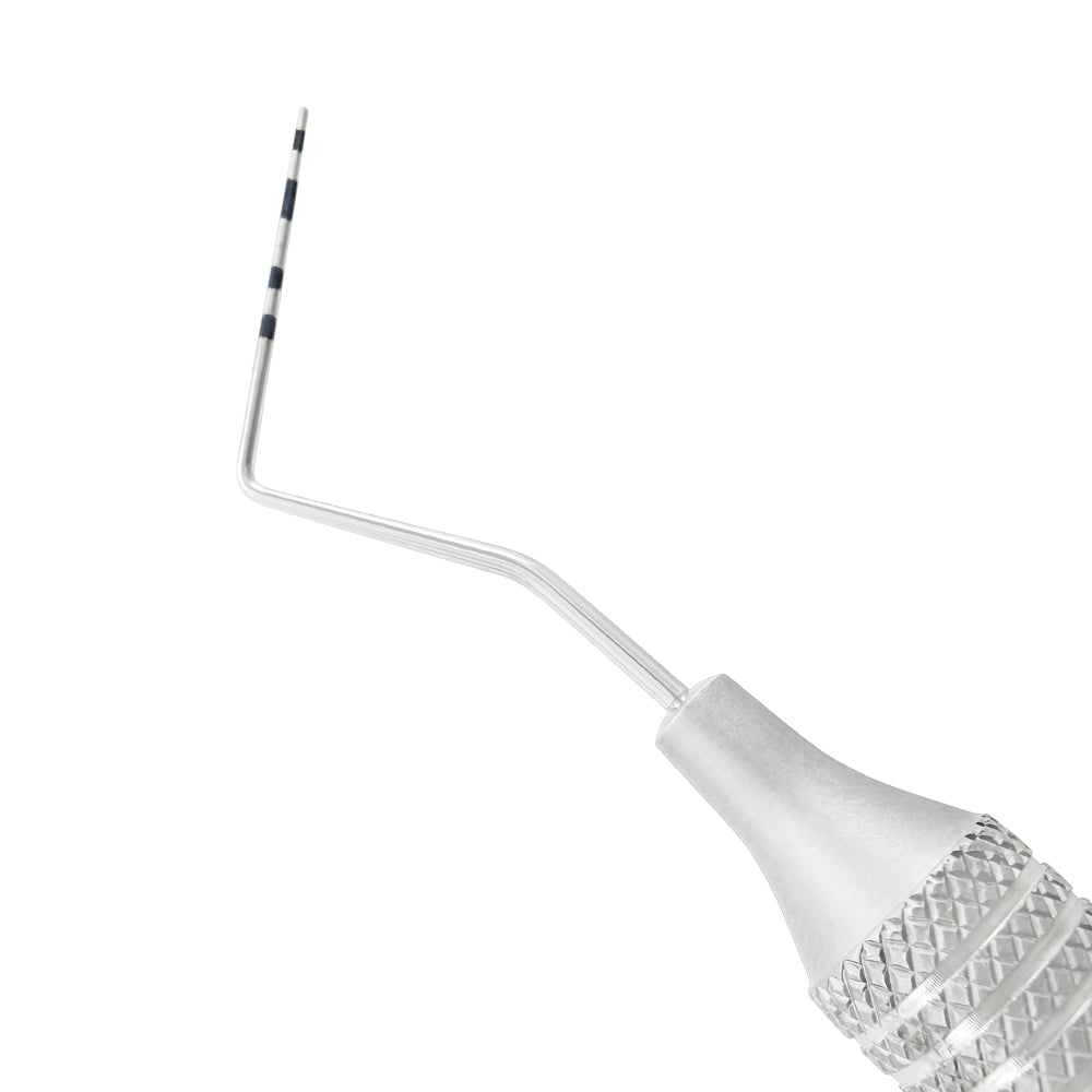Macro 2 close-up of the right tip on the #23/CP-10 double-ended explorer and periodontal probe, SKU 1129E