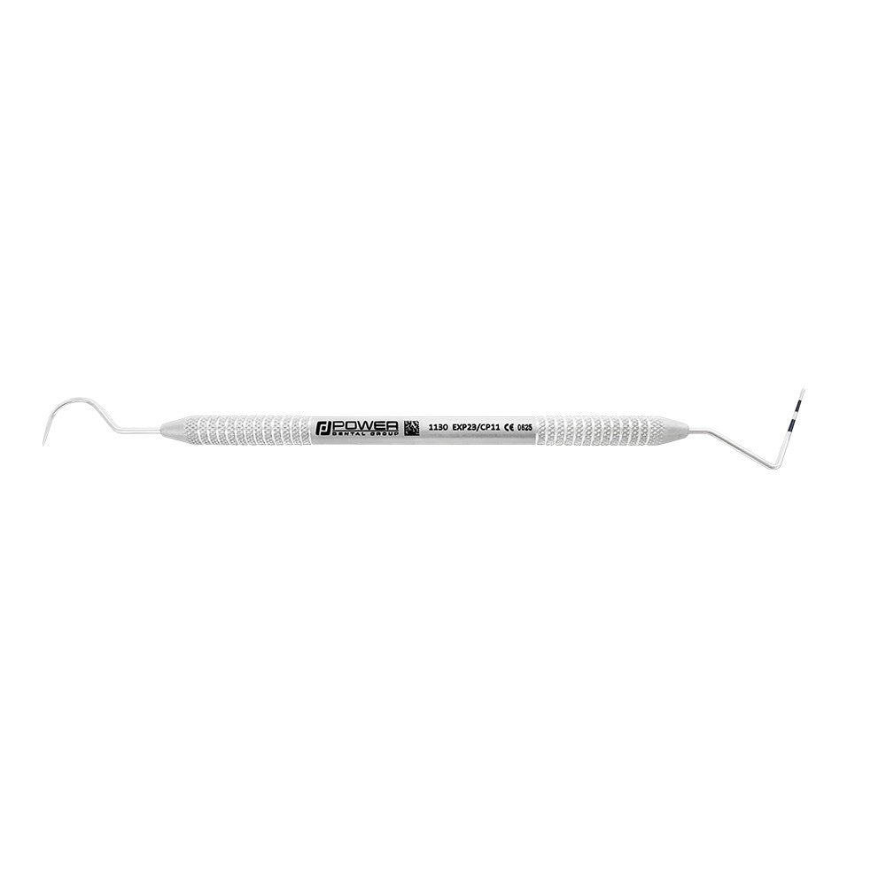 Horizontal view of #23/CP-11 double-ended explorer and periodontal probe with 3-6-8-11 mm markings and 3EZ handle