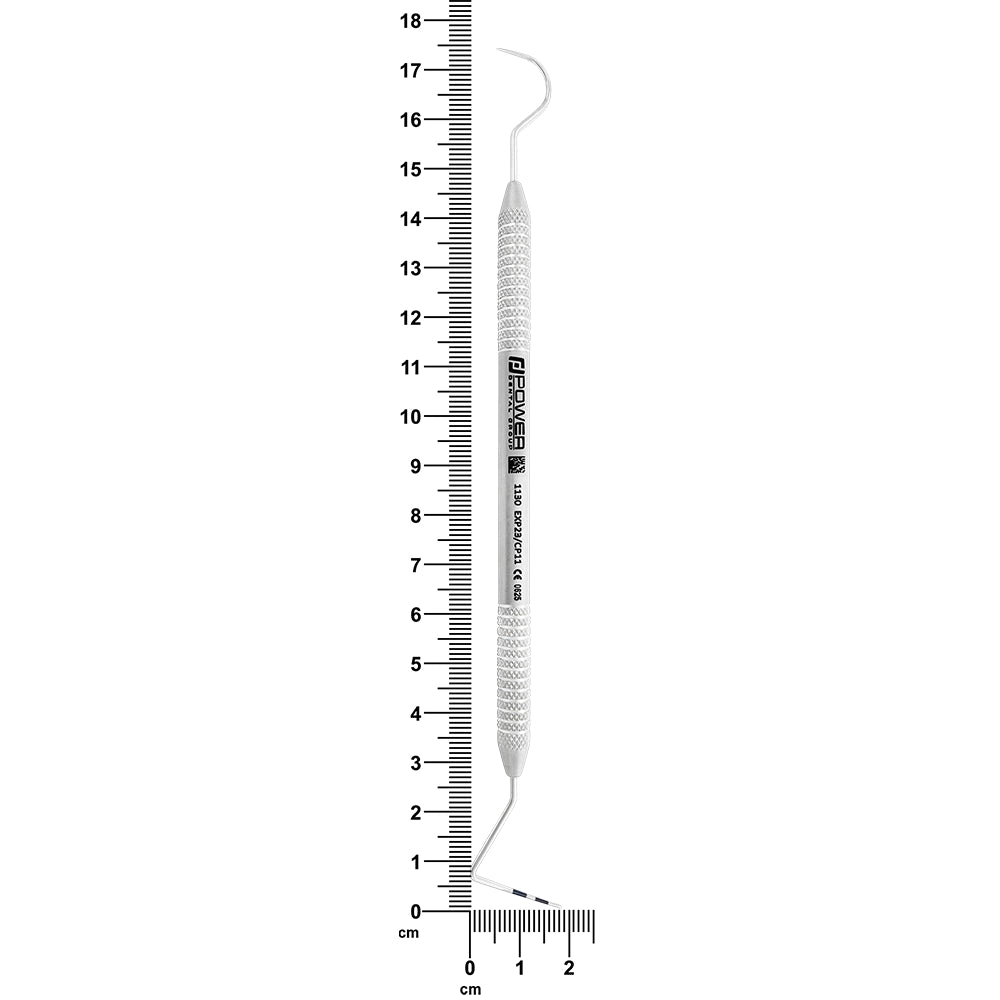 #23/CP-11 explorer and periodontal probe with 3EZ handle shown beside ruler, 15.2 cm overall length