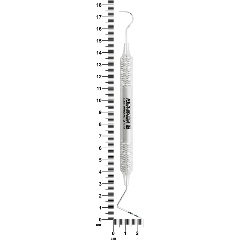 #23/CP-11 explorer and periodontal probe with 6EZ handle shown beside ruler, 15.7 cm overall length