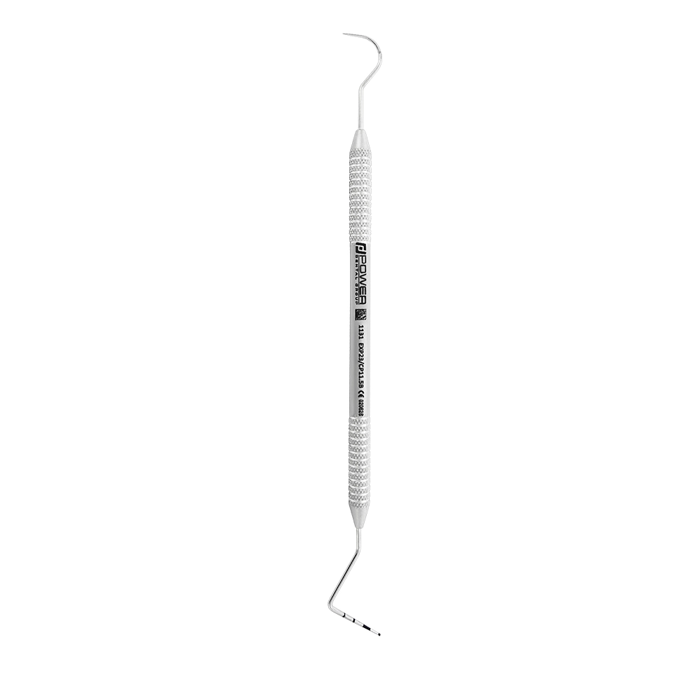 Vertical view of #23/CP-11.5B double-ended explorer and periodontal probe with 3.5-5.5-8.5-11.5 mm references and 3EZ handle, SKU 1131