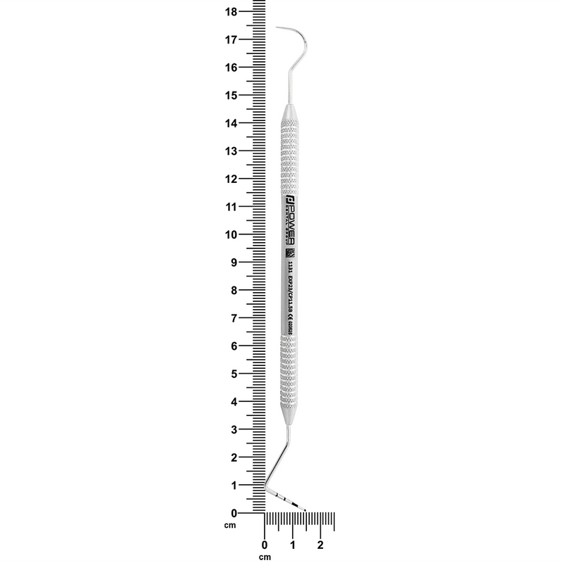 #23/CP-11.5B explorer and periodontal probe with 3EZ handle shown beside ruler, 16 cm overall length