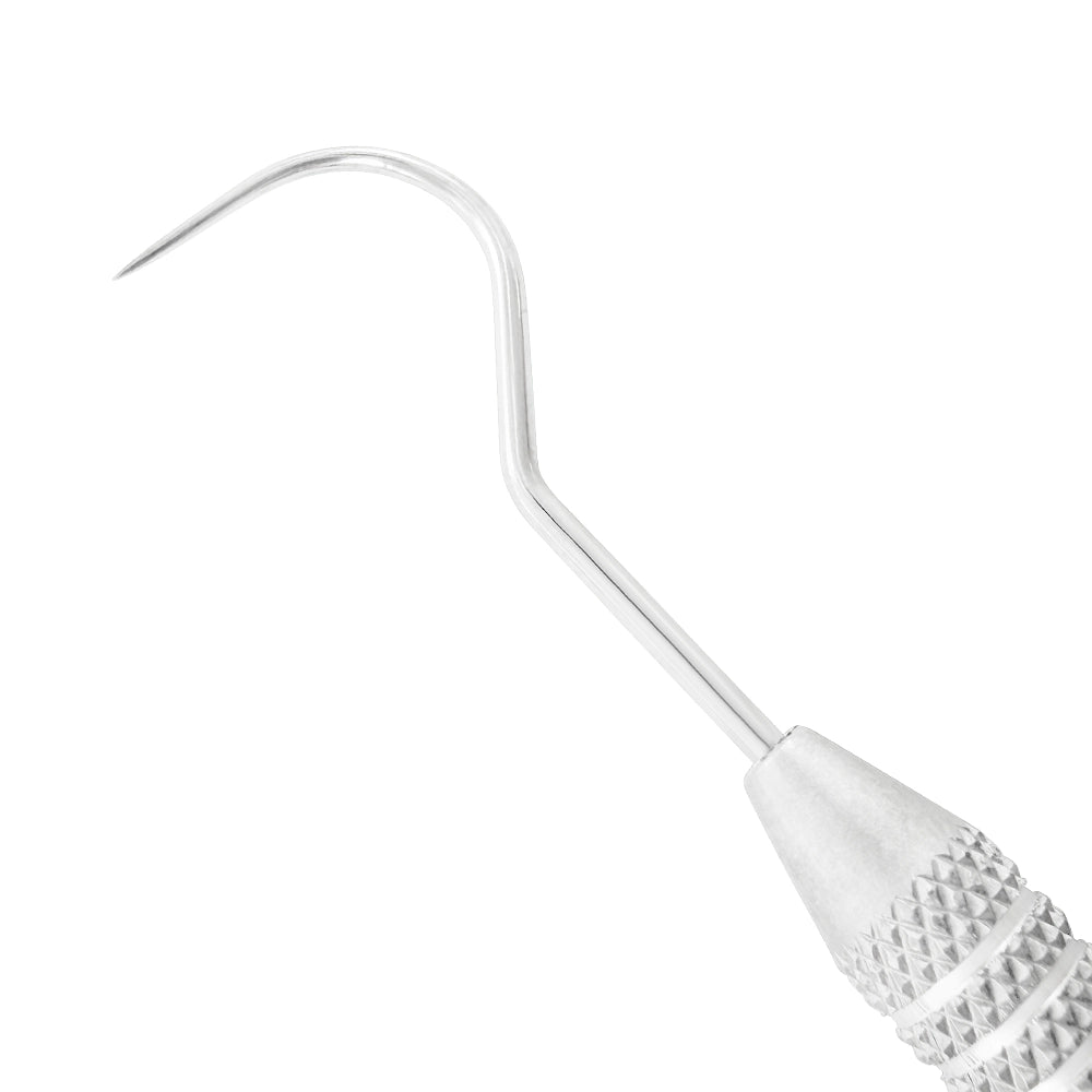 Macro 1 close-up of the left tip on the #23/WHO double-ended explorer and periodontal probe, SKU 1131