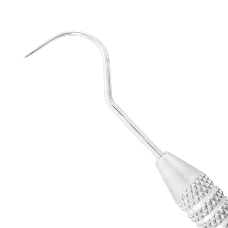 Macro 1 close-up of the left tip on the #23/WHO double-ended explorer and periodontal probe, SKU 1131