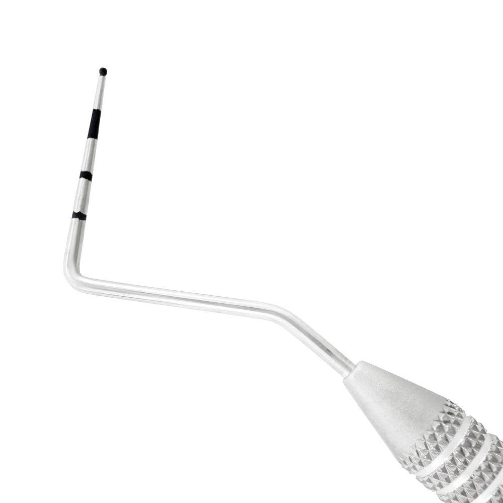 Macro 2 close-up of the right tip on the #23/WHO double-ended explorer and periodontal probe, SKU 1131