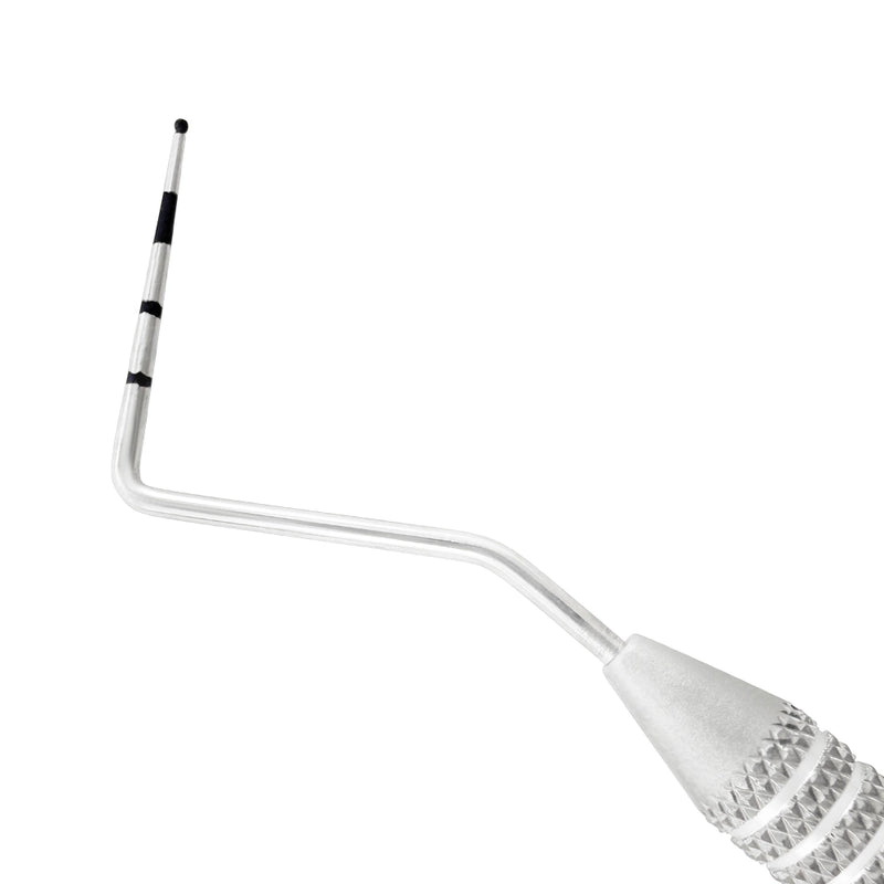 Macro 2 close-up of the right tip on the #23/WHO double-ended explorer and periodontal probe, SKU 1131
