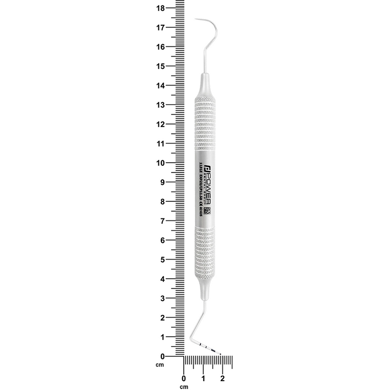 #23/CP-11.5B explorer and periodontal probe with 6EZ handle shown beside ruler, 16.1 cm overall length