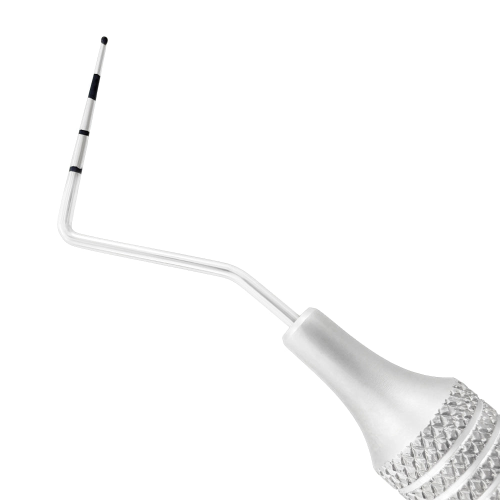 Macro 2 close-up of the right tip on the #23/WHO double-ended explorer and periodontal probe, SKU 1131E