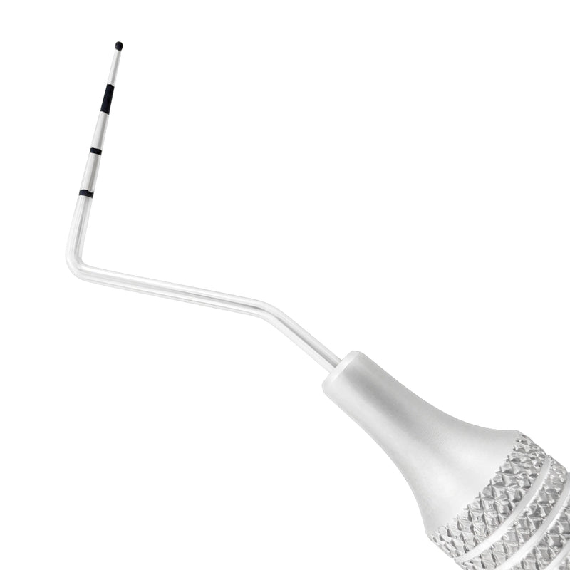 Macro 2 close-up of the right tip on the #23/WHO double-ended explorer and periodontal probe, SKU 1131E