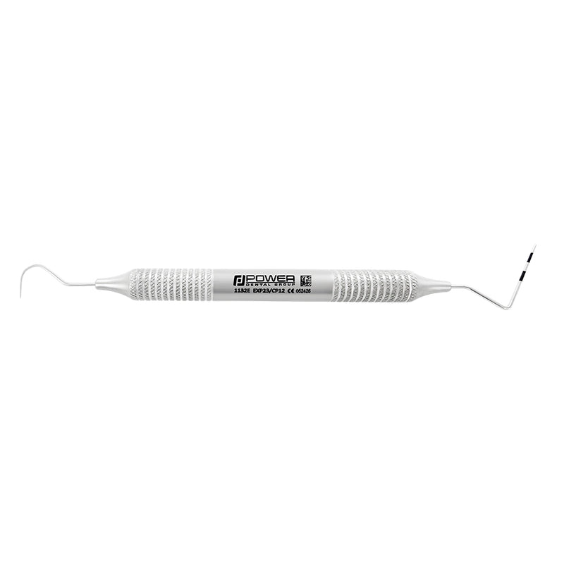 Horizontal view of #23/CP-12 double-ended explorer and periodontal probe with 3-6-9-12 mm markings and 6EZ handle
