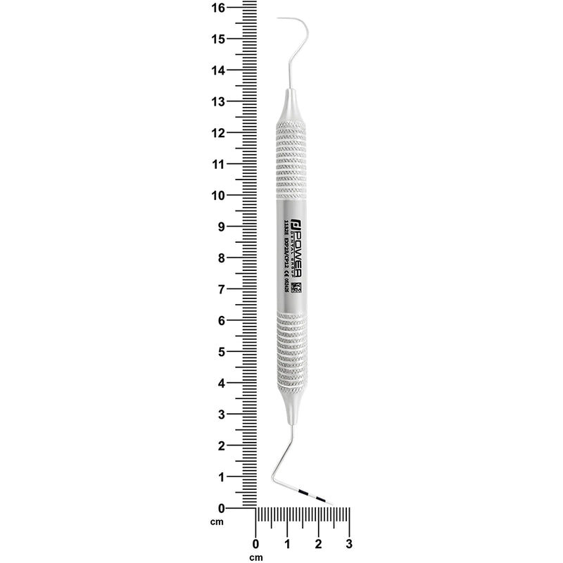 #23/CP-12 explorer and periodontal probe with 6EZ handle shown beside ruler, 15.7 cm overall length