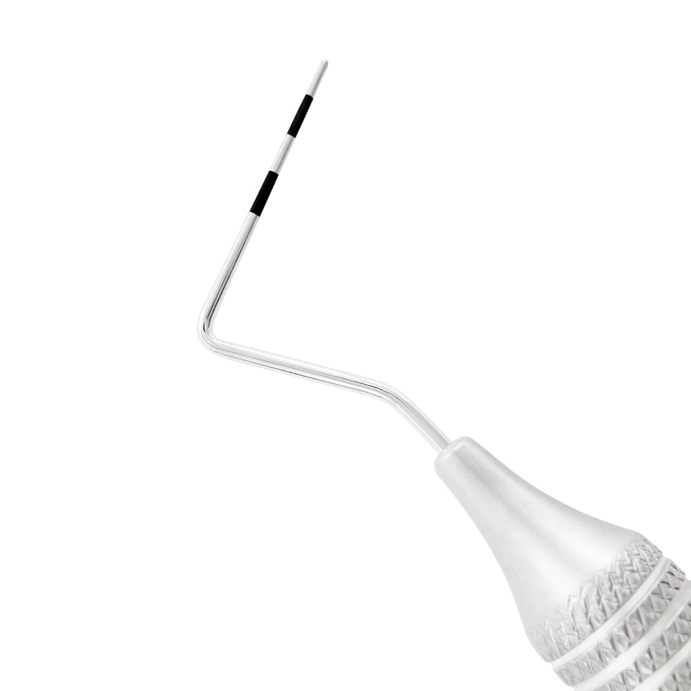 Macro 2 close-up of the right tip on the #23/CP-12 double-ended explorer and periodontal probe, SKU 1132E