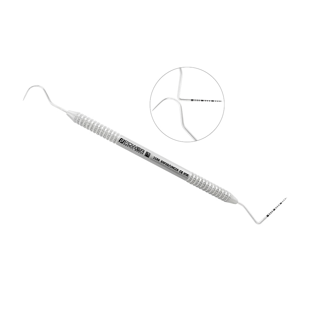Explorer Probe EXP23/UNC15 combining a diagnostic #23 explorer and full-range 1-15 mm UNC15 periodontal probe with lightweight 3EZ handle