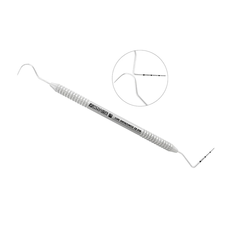 Explorer Probe EXP23/UNC15 combining a diagnostic #23 explorer and full-range 1-15 mm UNC15 periodontal probe with lightweight 3EZ handle