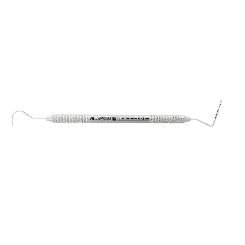 Horizontal view of #23/UNC15 double-ended explorer and periodontal probe with 1-15 mm markings and 3EZ handle