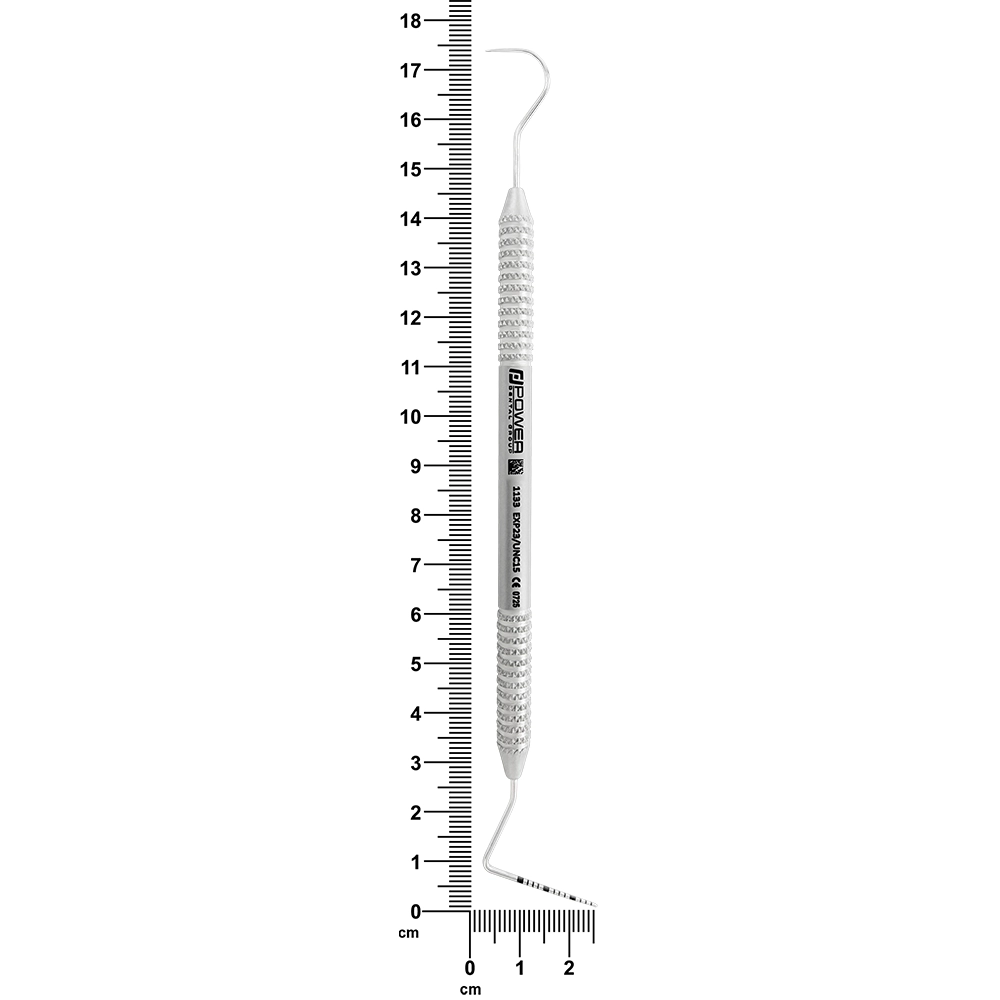 #23/UNC15 explorer and periodontal probe with 3EZ handle shown beside ruler, 15.5 cm overall length