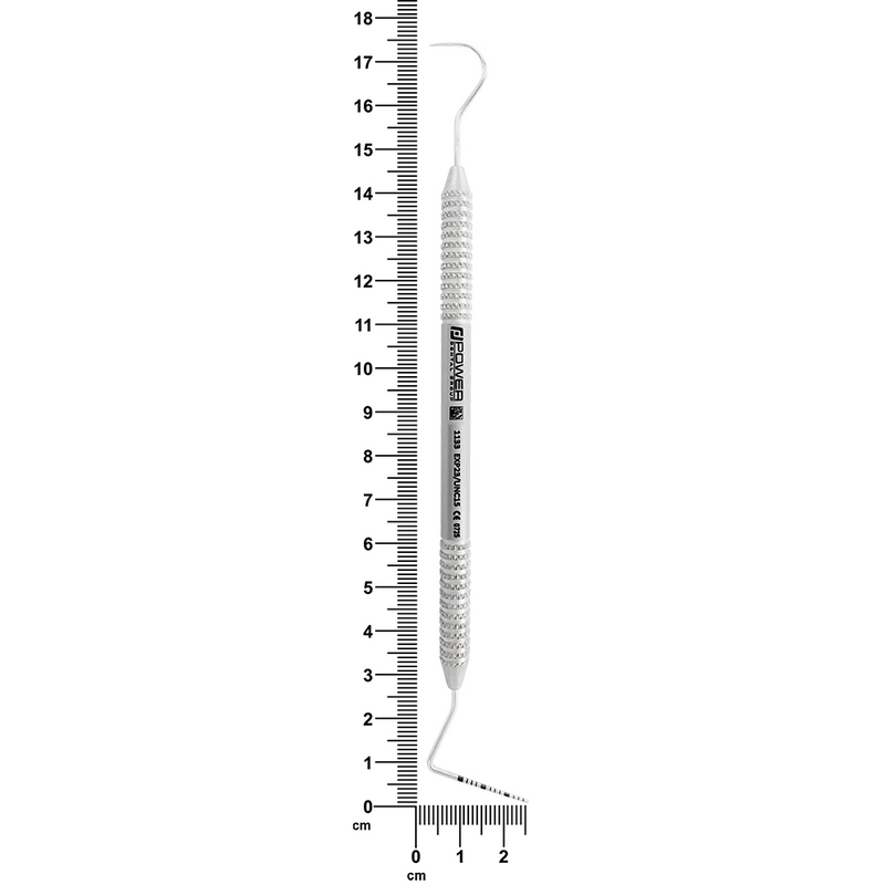 #23/UNC15 explorer and periodontal probe with 3EZ handle shown beside ruler, 15.5 cm overall length