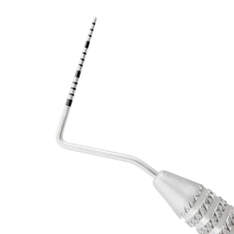 Macro 2 close-up of the right tip on the #23/UNC15 double-ended explorer and periodontal probe, SKU 1133