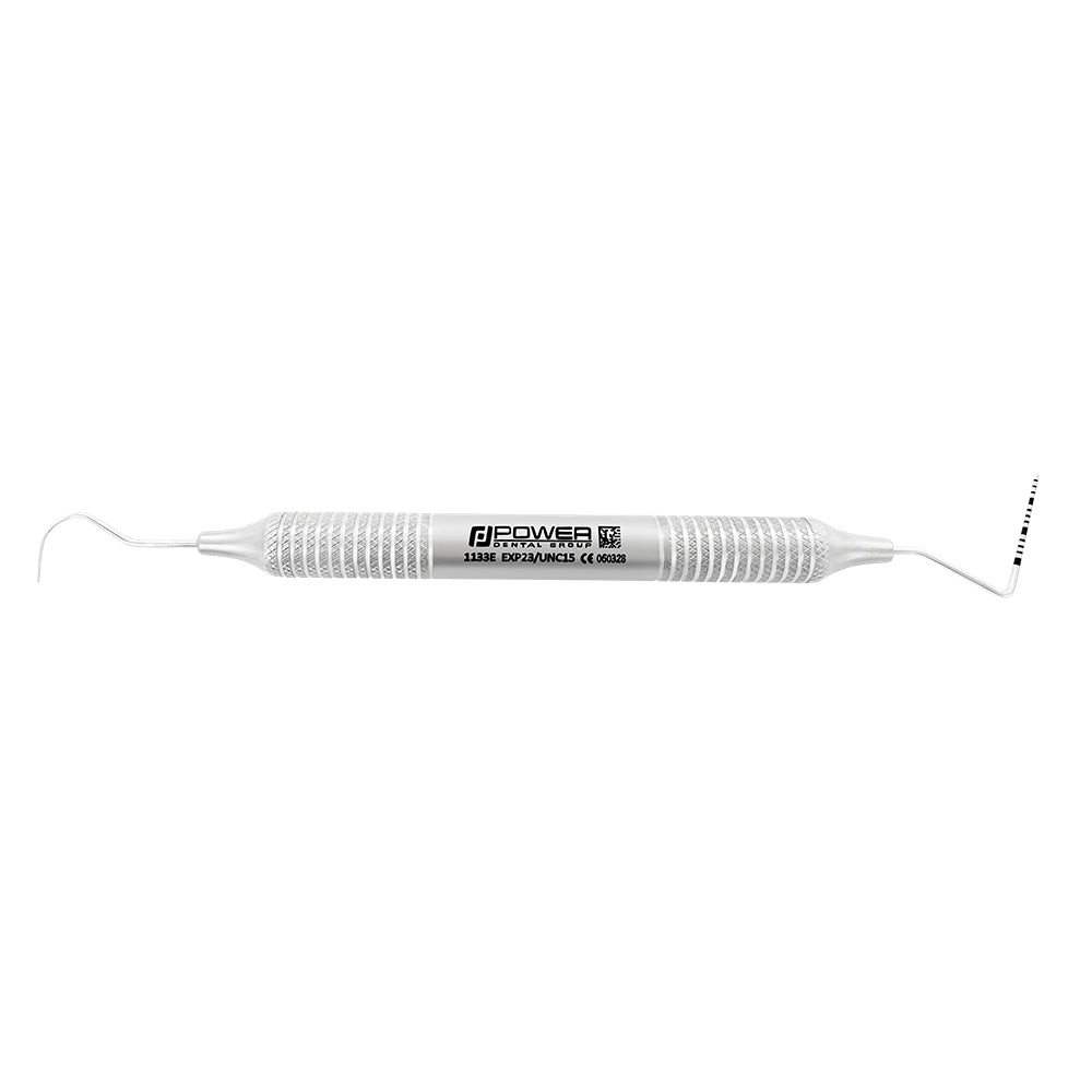 Horizontal view of #23/UNC15 double-ended explorer and periodontal probe with 1-15 mm markings and 6EZ handle