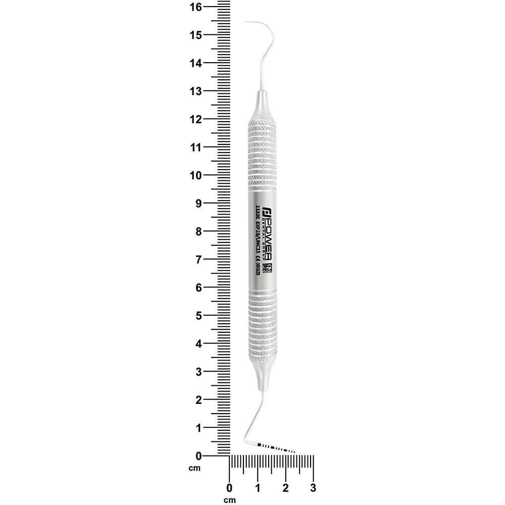 #23/UNC15 explorer and periodontal probe with 6EZ handle shown beside ruler, 15.5 cm overall length