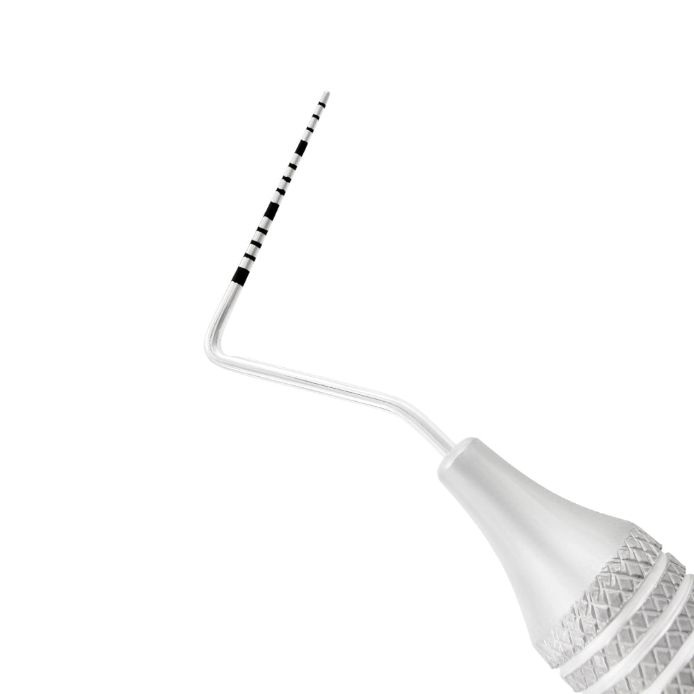 Macro 2 close-up of the right tip on the #23/UNC15 double-ended explorer and periodontal probe, SKU 1133E