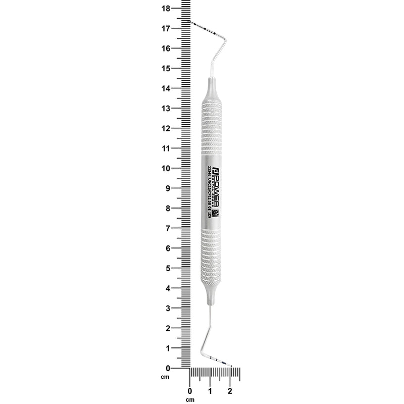 UNC15/CP11.5B periodontal probe with 6EZ handle shown beside ruler, 16.5 cm overall length