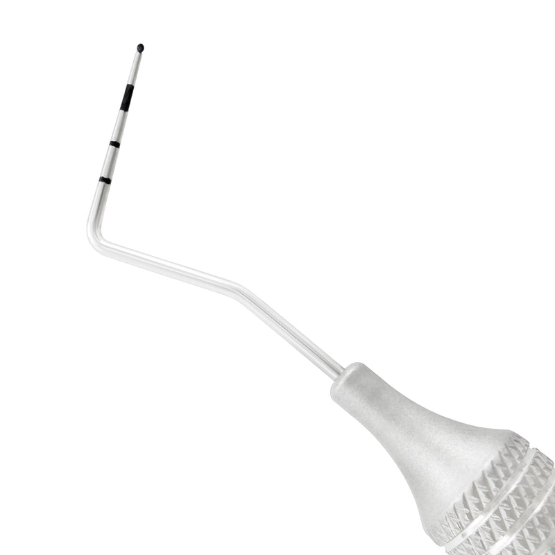 Macro 2 close-up of the right tip on the UNC15/WHO double-ended periodontal probe, SKU 1134E