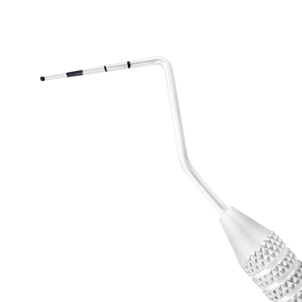 Macro 1 close-up of the left tip on the WHO/Williams double-ended periodontal probe, SKU 1135