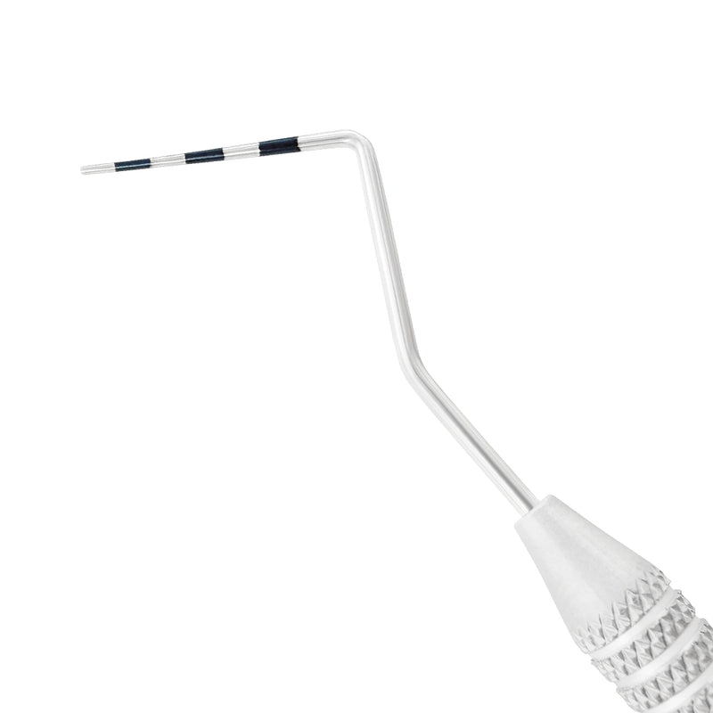 Close-up of CP2 periodontal probe working end with 2-4-6-8-10-12 mm measurement markings