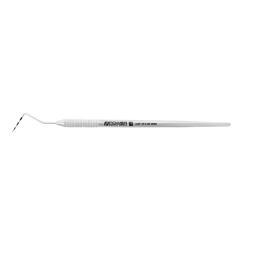 Horizontal view of CP2 periodontal probe with 2-4-6-8-10-12 mm markings and lightweight 1EZ handle
