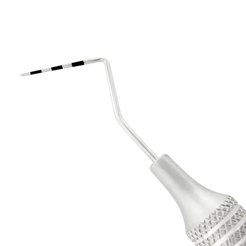 Close-up of CP2 periodontal probe working end with 2-4-6-8-10-12 mm measurement markings