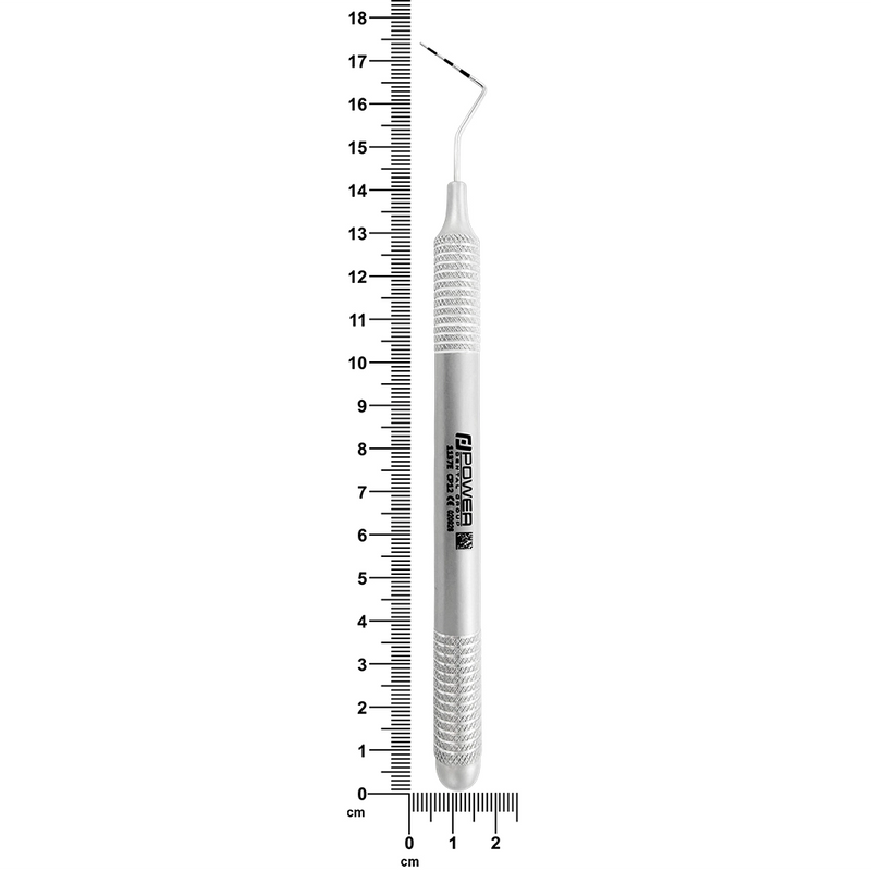 CP2 periodontal probe with 6EZ handle shown beside ruler, 15.2 cm overall length