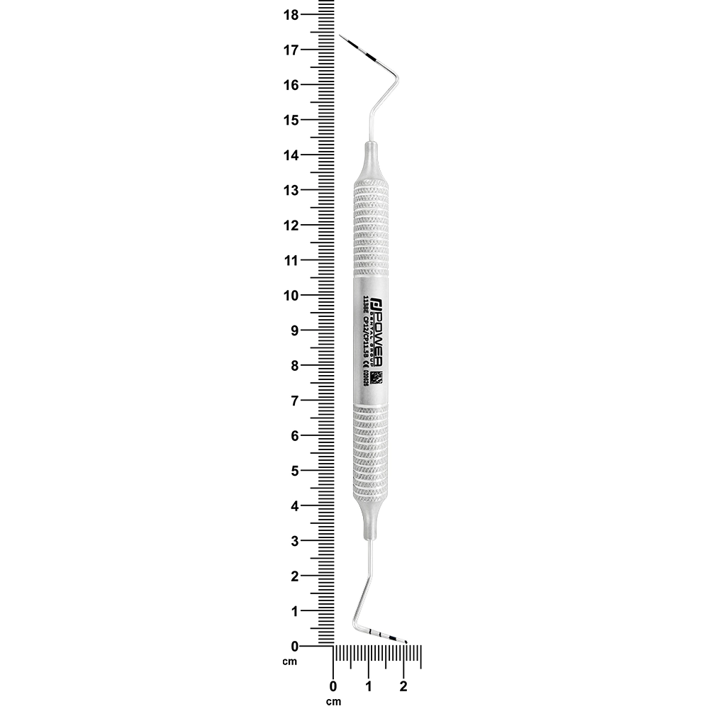 CP12/CP11.5B periodontal probe with 6EZ handle shown beside ruler, 17.5 cm overall length