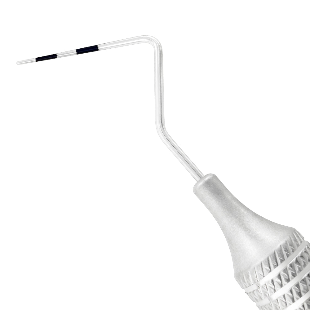 Macro 1 close-up of the left tip on the CP-12/WHO double-ended periodontal probe, SKU 1138E