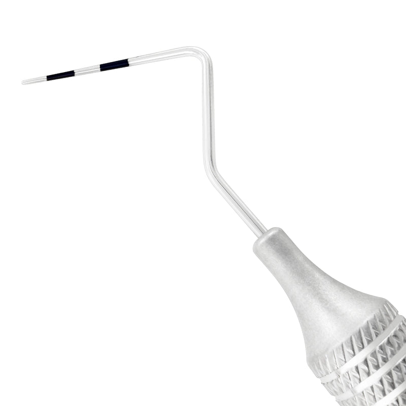 Macro 1 close-up of the left tip on the CP-12/WHO double-ended periodontal probe, SKU 1138E
