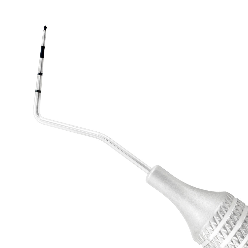 Macro 2 close-up of the right tip on the CP-12/WHO double-ended periodontal probe, SKU 1138E